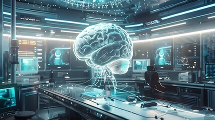 Futuristic lab with a 3d holographic brain floating above a table. The lab is full of screens and technology, and it feels like it's from a science fiction movie.