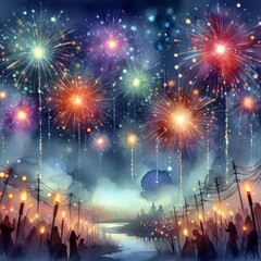 Watercolor painting of fireworks dancing in the night sky
