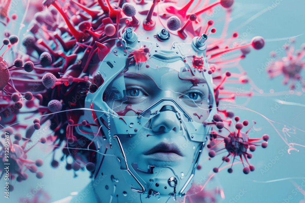Poster a close-up shot of a person with a robotic or mechanical head, suitable for sci-fi or futuristic the