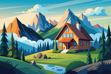 Colorful cartoon landscape design vector illustration. House in the mountains with some green trees, and there is a clear river flowing.