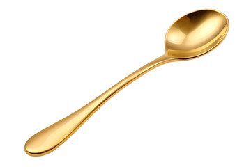 A Single Golden Spoon Glistens Against A Pure White Background on a White or Clear Surface PNG Transparent Background.