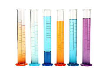 A Colorful Symphony of Science: Six Graduated Cylinders With Liquid Solutions on a White Background on a White or Clear Surface PNG Transparent Background.