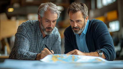 Clean energy office planning, engineers with maps and charts, high resolution