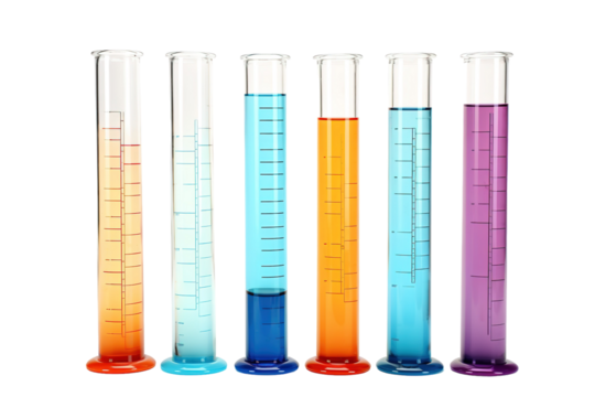 A Colorful Symphony of Science: Six Graduated Cylinders With Liquid Solutions on a White Background on a White or Clear Surface PNG Transparent Background. - Powered by Adobe