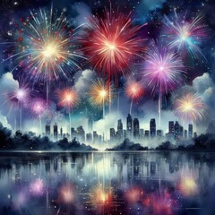 Naklejka premium Watercolor painting of fireworks dancing in the night sky 