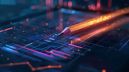 Pencil lies on a digital screen with a futuristic design. The screen displays a variety of data graphs, showcasing the convergence of technology and creativity.