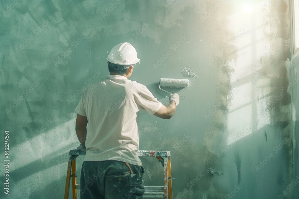 Poster a person applying paint to a wall using a roll and tray
