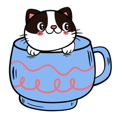 White Polka Dot Cat in Blue Coffee Cup, Vector Clipart.