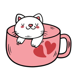White Cat Sitting in Pink Heart-Patterned Coffee Cup, Vector Clipart.