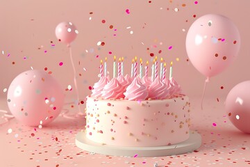 Pink Birthday Cake with Candles and Confetti
