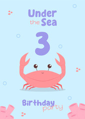 Sea life kids' birthday invitation. Cute postcard with a red crab and coral accents in soft blue and purple tones for a third birthday celebration.