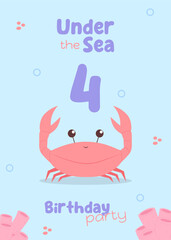 Obraz premium Underwater-themed fourth birthday card for children. Sweet invitation with a red crab and pink coral details in marine-inspired colors.