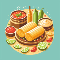 Mexican food set. Guacamole, chiltomate, quesadillas, chile ennogada, nachos, enmoladas, burritos, tamales, tacos, fajitas, etc. Vector illustration isolated on white background.