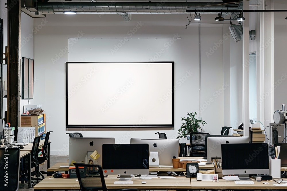 Poster modern office workspace with a large blank screen display