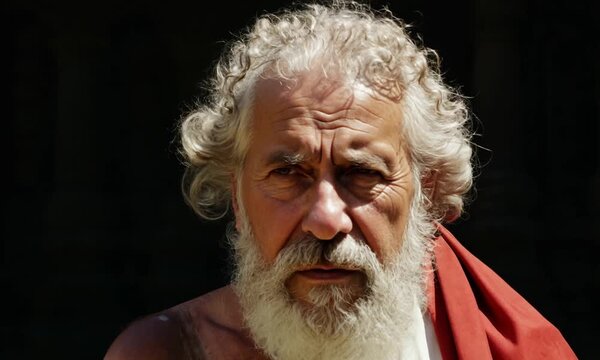 Close-Up of Elderly Man with White Beard in Traditional Ancient Robes