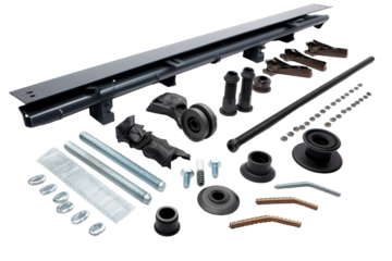 A Comprehensive Collection of Hardware Components for a Modern Sliding Door System on a White or Clear Surface PNG Transparent Background.