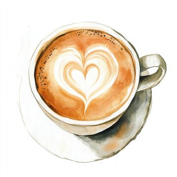 Heart Art Latte - Watercolor Coffee Element Illustration on White Background