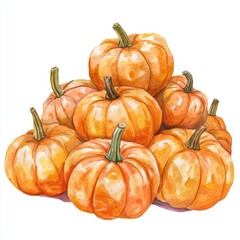 Fototapeta premium Cozy Autumn Mini Pumpkins Stack - Watercolor Illustration on White Background