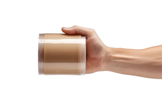 A Hand Holding a Roll of Brown Packaging Tape Against a White Background on a White or Clear Surface PNG Transparent Background.