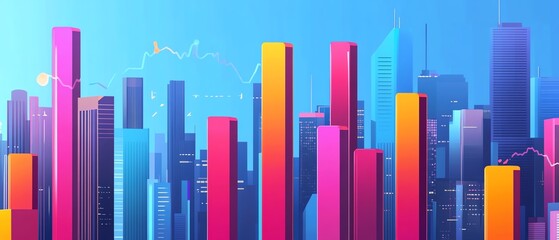 Obraz premium Colorful graph representation over a modern city skyline, symbolizing growth, progress, and data analysis in marketing.