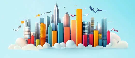 Vibrant city skyline illustration with colorful buildings and blue backdrop, symbolizing urban life and creativity.