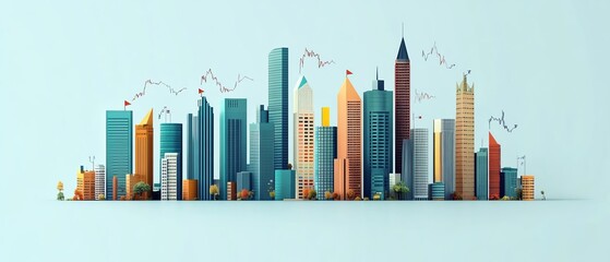 A colorful skyline illustration representing modern architecture and urban development with graph patterns in the background.