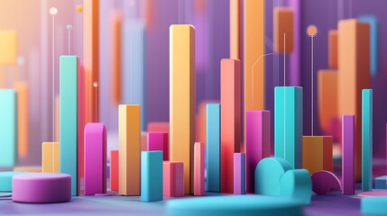 Colorful 3D bars and shapes representing data visualization in a vibrant abstract background.