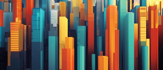 A vibrant cityscape with colorful skyscrapers, showcasing urban design and modern architecture in a dynamic setting.