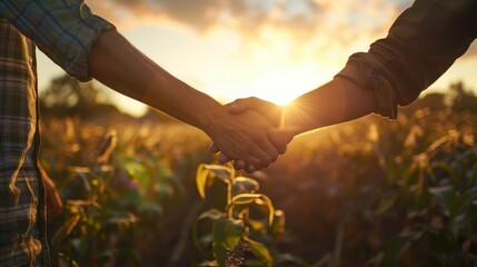 The handshake in sunset field