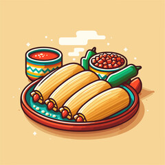 Mexican food set. Guacamole, chiltomate, quesadillas, chile ennogada, nachos, enmoladas, burritos, tamales, tacos, fajitas, etc. Vector illustration isolated on white background.