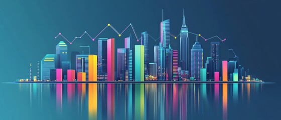 Vibrant city skyline with colorful bars and graphs, showcasing modern urban growth and financial progress in a digital style.