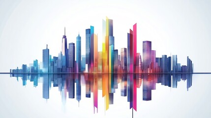 Fototapeta premium Vibrant city skyline illustration reflecting in calm waters, showcasing modern architecture with colorful tones and artistic design.