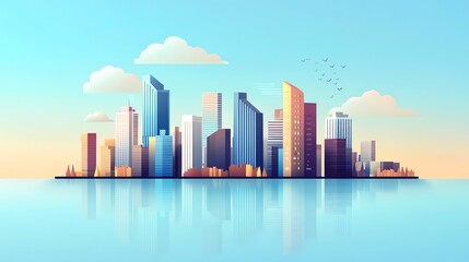 Obraz premium A vibrant city skyline reflected in calm waters, showcasing modern architecture under a clear blue sky.