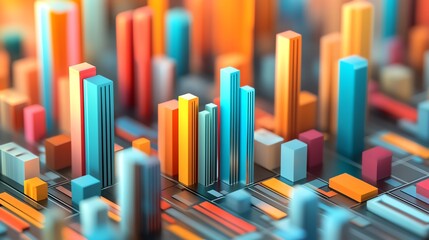 Obraz premium Vibrant 3D illustration of colorful data visualization with rising bars and abstract shapes, ideal for technology and analytics themes.