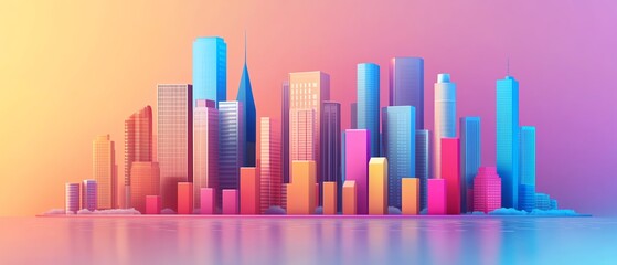 A vibrant digital skyline with colorful buildings set against a gradient background, ideal for modern city themes and designs.