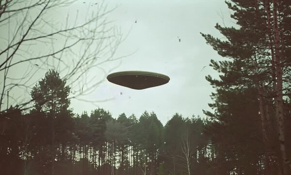 Wide Shot of UFO Hovering Above Pine Forest on a Cloudy Day