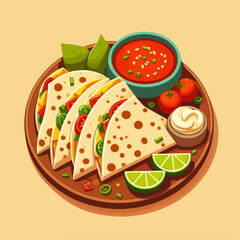 Mexican food set. Guacamole, chiltomate, quesadillas, chile ennogada, nachos, enmoladas, burritos, tamales, tacos, fajitas, etc. Vector illustration isolated on white background.