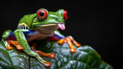 Obraz premium red eyed tree frog sitting on a leaf with its tongue out,