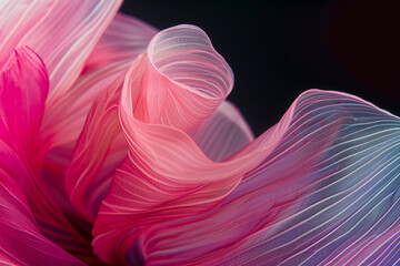 Naklejka premium macro shot of ethereal translucent flower petals with dewdrops in red pink hues on a dark background showcasing intricate textures