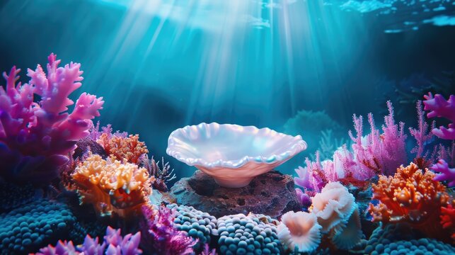 A colorful underwater scene featuring a clam shell and coral formations
