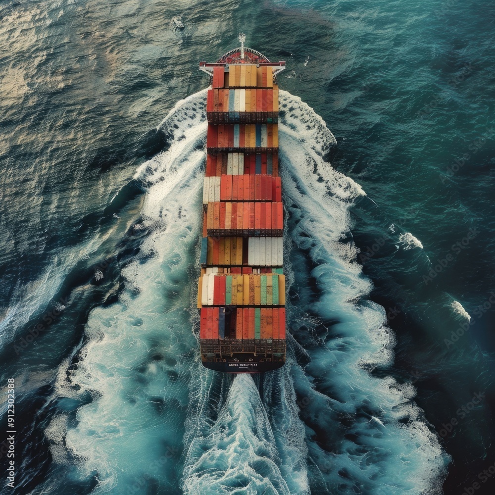 Poster container ship sailing through the open ocean