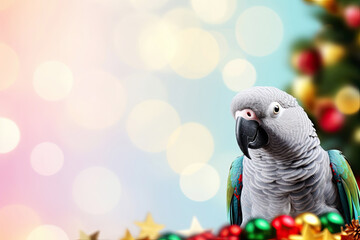 Fototapeta premium Parrot on blurred festive background with copy space. Christmas holiday theme, with soft bokeh lights and decorated Christmas tree branches.
