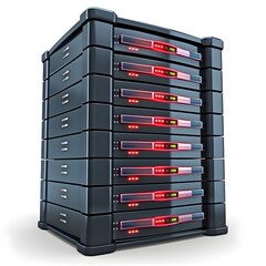 A compact black server rack with red and green lights, isolated on a white background, representing a smaller scale data center.