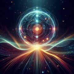 Fototapeta premium Futuristic abstract neon energy ball with glowing magical waves on dark background 