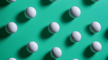 Geometrical pattern of golf balls casting shadows on a teal background, creating a modern and stylish visual effect.