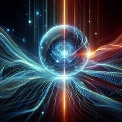 Obraz premium Futuristic abstract neon energy ball with glowing magical waves on dark background 