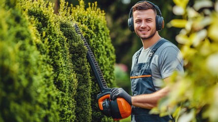 A smiling caucasian man in overalls, safety glasses, and gloves holding an electric hedge trimmer while posing in the summer garden background. Modern gardening tool for seasonal work.