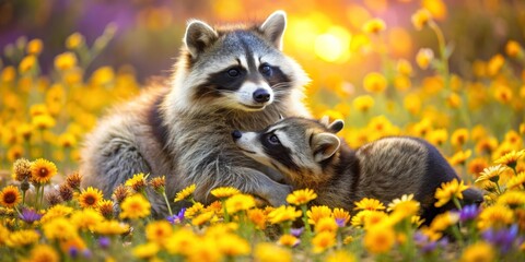 Obraz premium raccoons among flowers