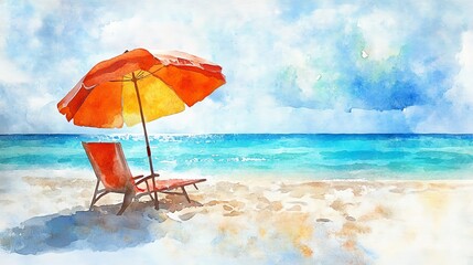 A vibrant watercolor painting of a beach scene featuring a red umbrella and a lounge chair by the tranquil ocean.