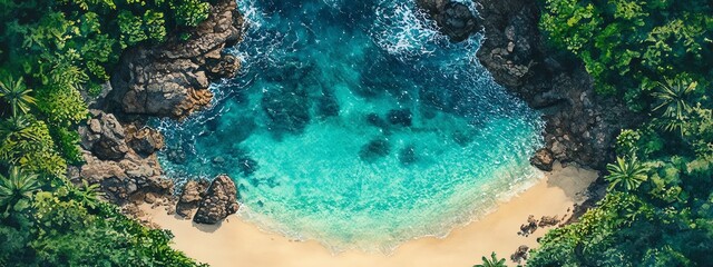 Obraz premium Aerial view of a secluded beach with turquoise water and lush green foliage, perfect for relaxation and tropical escape.